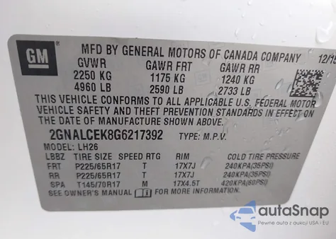 2016 Chevrolet Equinox Lt z USA, uszkodzony, nr VIN 2GNALCEK8G6217392